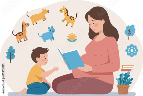 Illustration of a pregnant woman reading to a child with cartoon