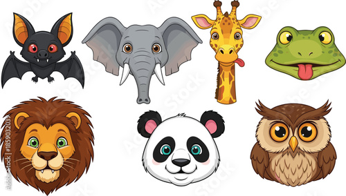 Cute cartoon animal faces collection, lion panda elephant giraffe owl bat frog characters illustration isolated white background vector icons set