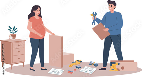 Couple assembling furniture with toys scattered around in a messy room