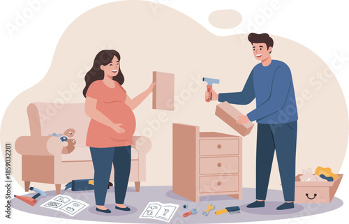 Expectant couple assembling furniture in a living room with scattered
