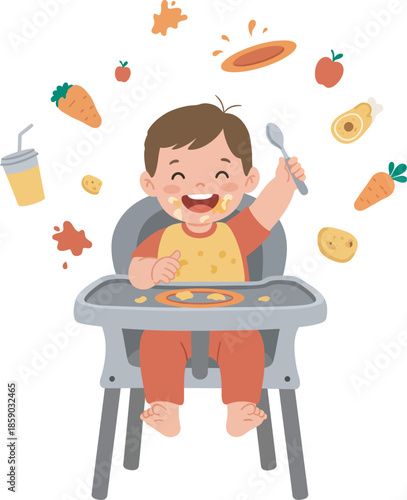 Cheerful toddler eating in high chair with food around him