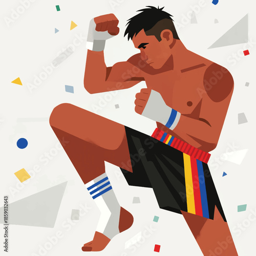 Illustration Of A Muay Thai Athlete With Raised Elbows And A Fit Body Vector Design Template