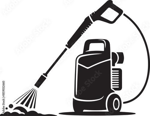 High-Pressure Washer Illustration - Black and White Graphic of Power Washer with Hose and Spray Nozzle