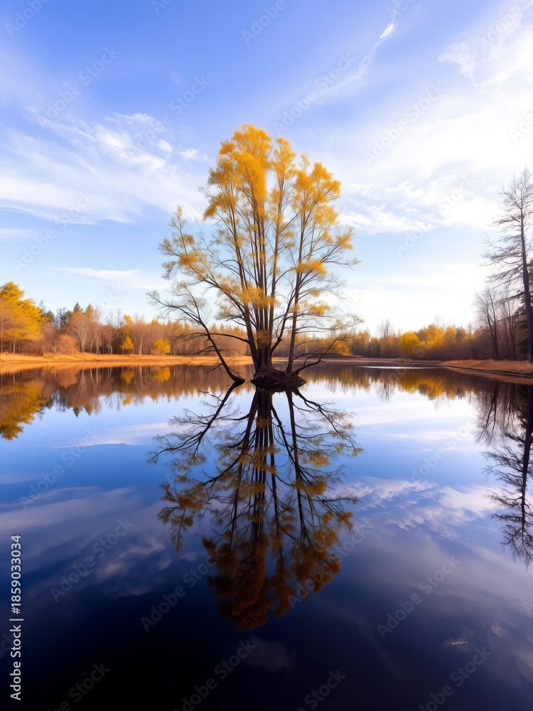 Obraz premium A tranquil lake reflecting the surrounding trees and sky, a perfect mirror, sky, peace