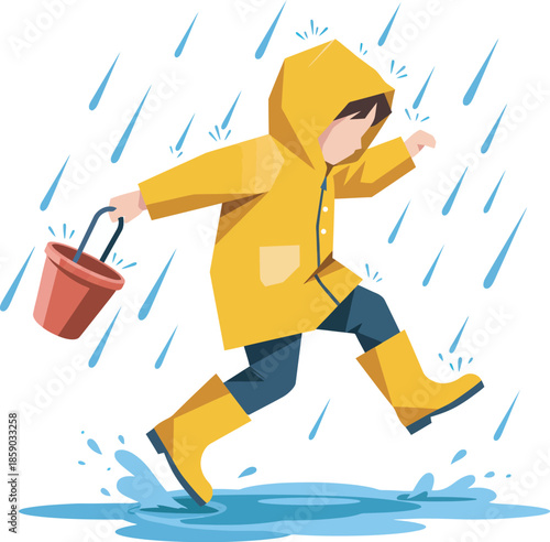 Cartoon child in yellow rain gear splashing in puddle on rainy day