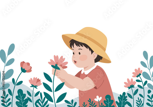 Cartoon child in hat smelling pink flower in garden with green leaves