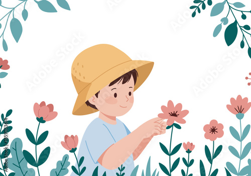 Illustration of a child in a garden touching a flower with a hat