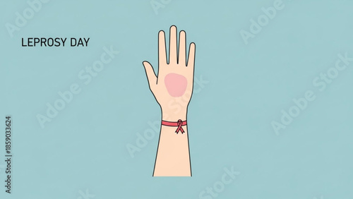 A hand with a red mark and ribbon, symbolizing awareness for a health issue on a light blue background