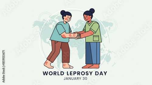 Two individuals exchanging red envelopes on World Leprosy Day against a global backdrop