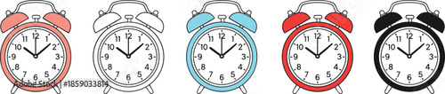 Set of classic twin bell alarm clock vector illustrations in various colors including red blue peach and black for time management and morning concepts.