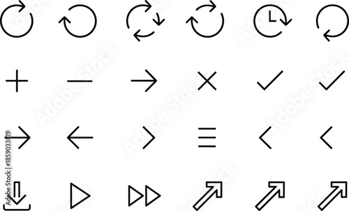 Essential thin line vector UI icon set featuring navigation arrows playback controls refresh symbols checkmarks and menu buttons for clean website interface design.