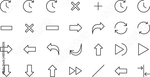 Essential linear vector arrow icon set featuring directional navigation pointers refresh symbols undo redo actions and interface movement signs for web development.