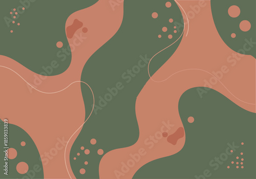 Abstract green and orange fluid shapes background with wavy lines
