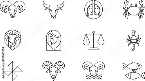Complete linear vector zodiac icon set featuring minimalist astrological signs including Aries Taurus Gemini Cancer Leo Virgo Libra Scorpio and Pisces for horoscopes.