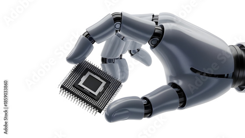 3D Render of Robotic Hand Holding Microchip on White Background