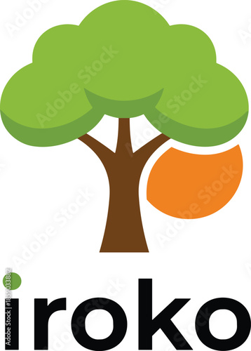 Minimalist iroko tree logo design featuring a green leafy canopy and orange fruit or sun element for environmental branding and natural wood products.