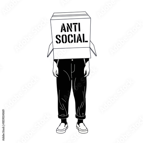 Person Wearing Cardboard Box with Anti Social Text.
