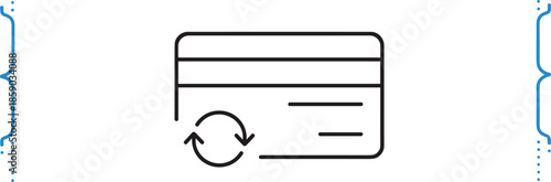 Minimalist linear credit card vector icon with synchronization arrows symbol for financial processing automated payments bank transfers and recurring subscription billing interface design.