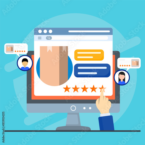 Computer screen displays glowing five star customer reviews, perfect for illustrating positive feedback, online reputation management, and customer satisfaction concepts.