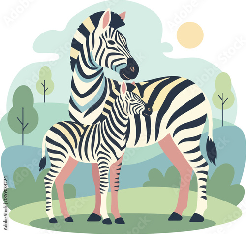 Zebra Family Illustration Mother and Foal in Natural Habitat.