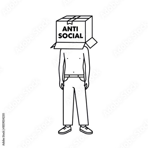 Man Wearing Cardboard Box with Anti Social Label.