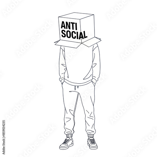 Person Wearing Box with Anti Social Text.