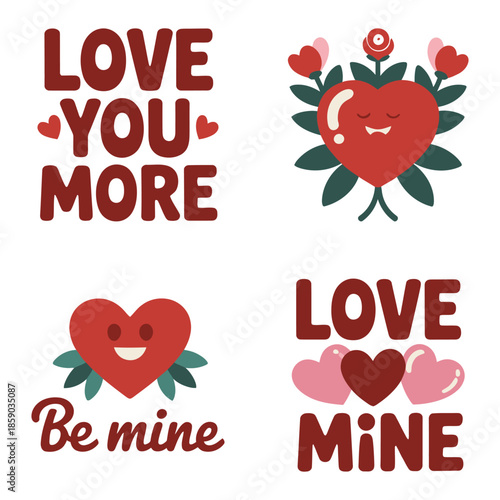 Hand-drawn love hearts and strawberry with affection messages