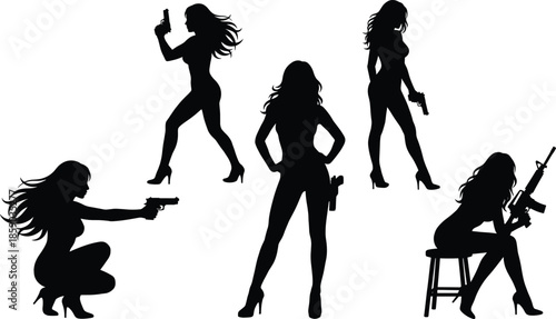 Female action agent silhouettes set featuring women with guns, spy poses, tactical stances, isolated black vector illustration collection design bundle