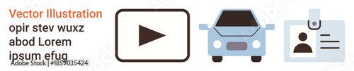 Multimedia design, transport services, identity verification, video content, multimedia tools, digital security. A play button, car icon and ID badge. Multimedia design and transport services