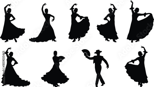Flamenco dancer silhouettes performing traditional Spanish dance with flowing dresses fans dramatic poses isolated on white background studio art collection