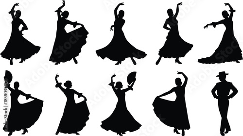 Flamenco dance silhouettes set featuring female and male dancers, traditional Spanish costumes, expressive poses, isolated black vector illustration design collection