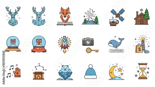 Collection of Winter and Holiday Themed Icons and Illustrations.