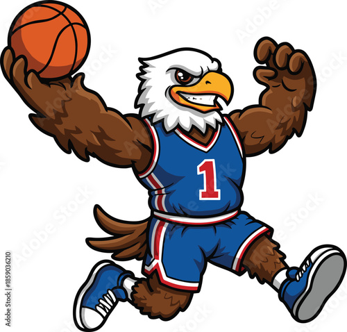 Cartoon eagle basketball mascot, sports team bird, slam dunk action, athletic eagle illustration, vector character design, dynamic animal art, competitive game symbol