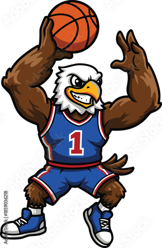 Cartoon eagle basketball mascot, sports team bird, slam dunk action, athletic eagle illustration, vector character design, dynamic animal art, competitive game symbol