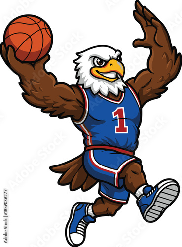 Cartoon eagle basketball mascot, sports team bird, slam dunk action, athletic eagle illustration, vector character design, dynamic animal art, competitive game symbol