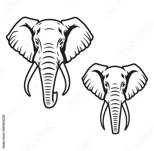 Black and white graphic illustration of two elephant head silhouettes on a white background