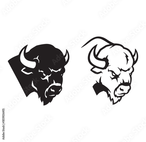 Black and white illustration of a bison head with bold design and vector graphics