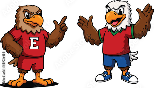 Cartoon eagle mascots in sports outfits, athletic bird characters, school team illustration, competitive eagles, pointing mascot, animated design, fun rivalry
