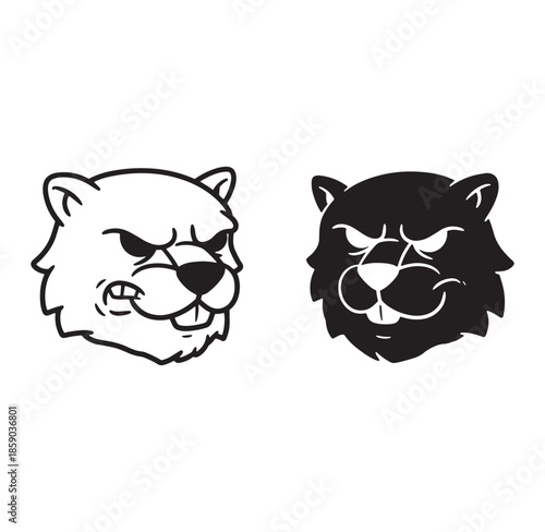 Black and white vector illustration of a grumpy beaver mascot character design