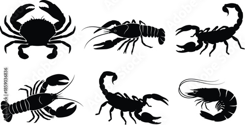Seafood crustacean silhouettes set featuring crab lobster shrimp and scorpion, marine animal icons isolated on white background illustration vector collection