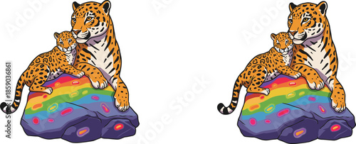Cartoon leopard with cub resting on rainbow rock, colorful jungle cats illustration, whimsical wildlife artwork, imaginative children’s design, fantasy animal drawing
