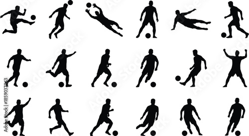 Soccer player silhouettes set isolated on white background, football action poses collection, team sport competition illustration black vector design graphic