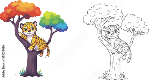 Cartoon leopard cub sitting on rainbow tree branch, colorful jungle cat illustration, children’s coloring page artwork, playful wildlife character design