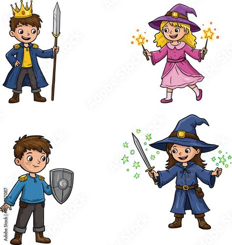 Cartoon fantasy kids, wizard costume, knight warrior, fairy princess, magical witch, playful heroes, imaginative play, storytelling art, festive costumes, creative illustration