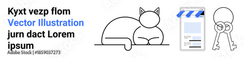 Digital security, home accessibility, e-commerce, mobile apps, pet-related design, user experience. A minimalistic graphic of a cat, mobile interface and keys. Digital security and home
