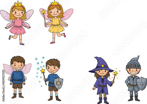 Cartoon fantasy kids, fairy princess, knight warrior, wizard costume, magical characters, playful heroes, imaginative play, storytelling art, festive costumes, creative illustration