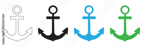 A comprehensive set of classic anchor icons in various styles including outline, solid black, blue, and green, symbolizing nautical adventure, marine travel, and stability