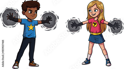 Cartoon kids with swirling dark energy powers, superhero boy with star shirt, superhero girl with lightning shirt, fantasy comic action illustration
