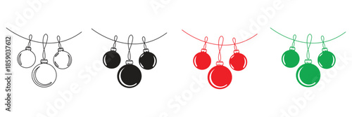 Set of four holiday christmas bauble ornaments hanging on strings isolated on transparent background in outline fill black and red green colors vector illustration