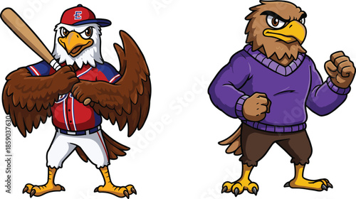 Cartoon eagle mascot, baseball uniform, sports character, athletic bird illustration, casual clothing eagle, fighter stance, school spirit, competitive energy, team branding